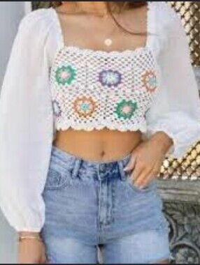 NWT Chrysanthemum White Boho Crochet Bodice‎ Bishop Sleeve Crop Top Size M